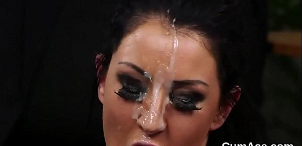  Hot doll gets cumshot on her face gulping all the love juice